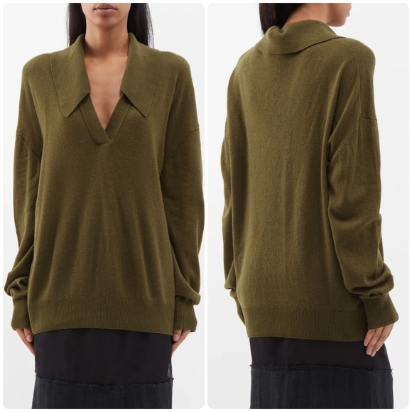 KHAITE Womens Olive Green Elsia Cashmere Knit Open Collar Oversized Sweater M - Picture 1 of 11